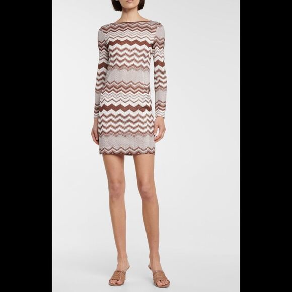 Missoni Zigzag Jacquard Long sleeves Mini Dress Brown & White SZ 10US/46EU - Picture 1 of 15